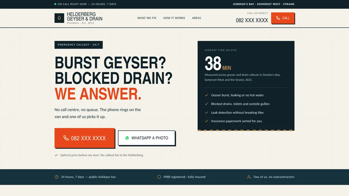 Helderberg Geyser & Drain — concept homepage for a 24/7 emergency plumbing service, built around tap-to-call.