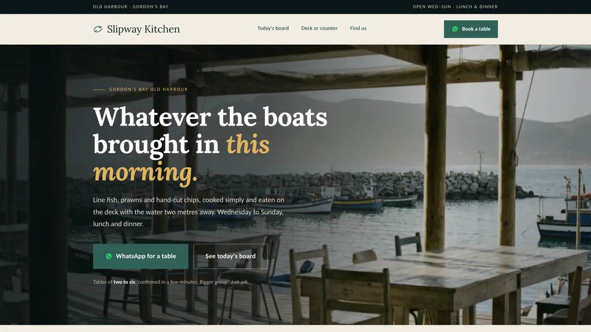 Slipway Kitchen — concept homepage for a harbour-side seafood restaurant in Gordon's Bay, built around WhatsApp table bookings.