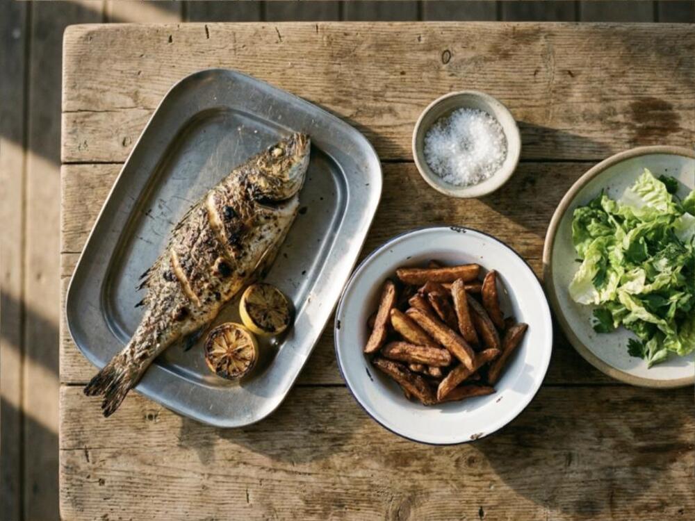 A whole grilled line fish on a steel platter with charred lemon and hand-cut chips on a weathered wooden table.